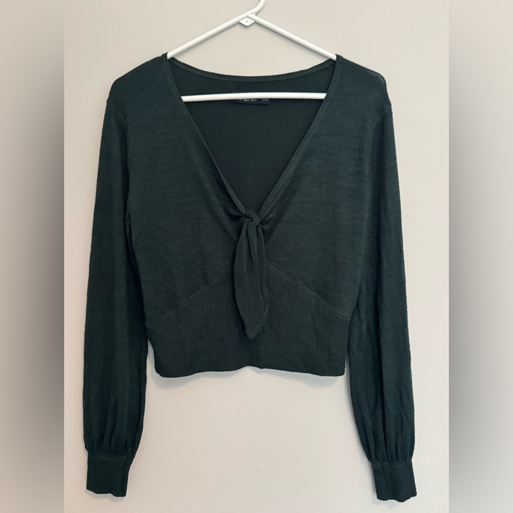 Abercrombie And Fitch Womens Long Sleeve Green Knit Top Sweater Tie Y2K V-neck